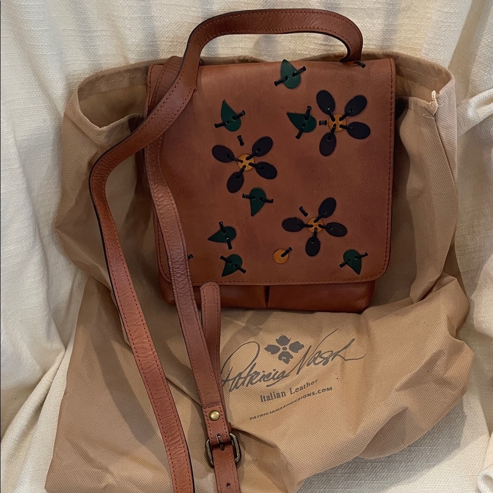 Patricia Nash Brown Leather Crossbody with Green & Navy Floral Appliques